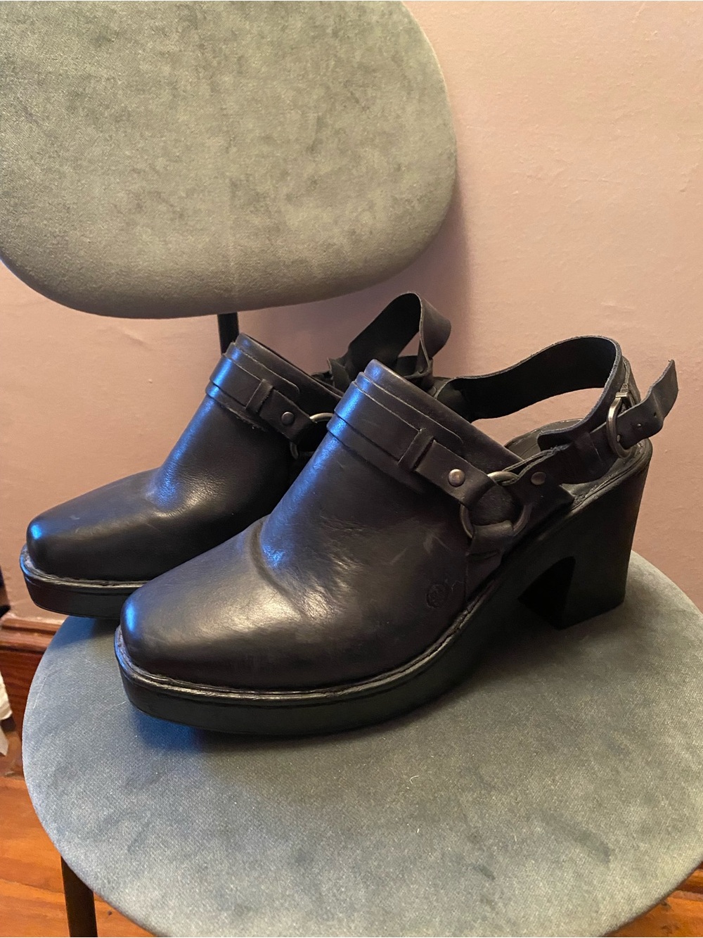 Born Women’s Black Leather Platform Slingback Clog Heels